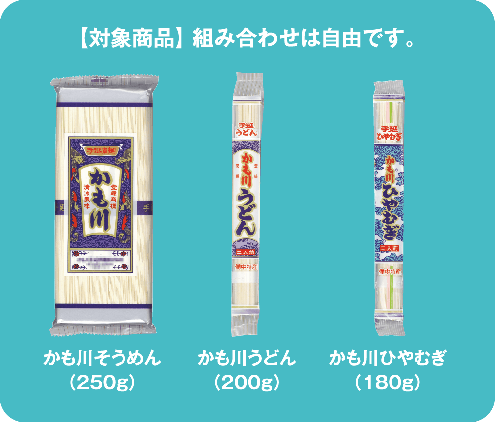 【対象商品】組み合わせは自由です。かも川そうめん（250g）／かも川うどん（200g）／かも川ひやむぎ（180g）